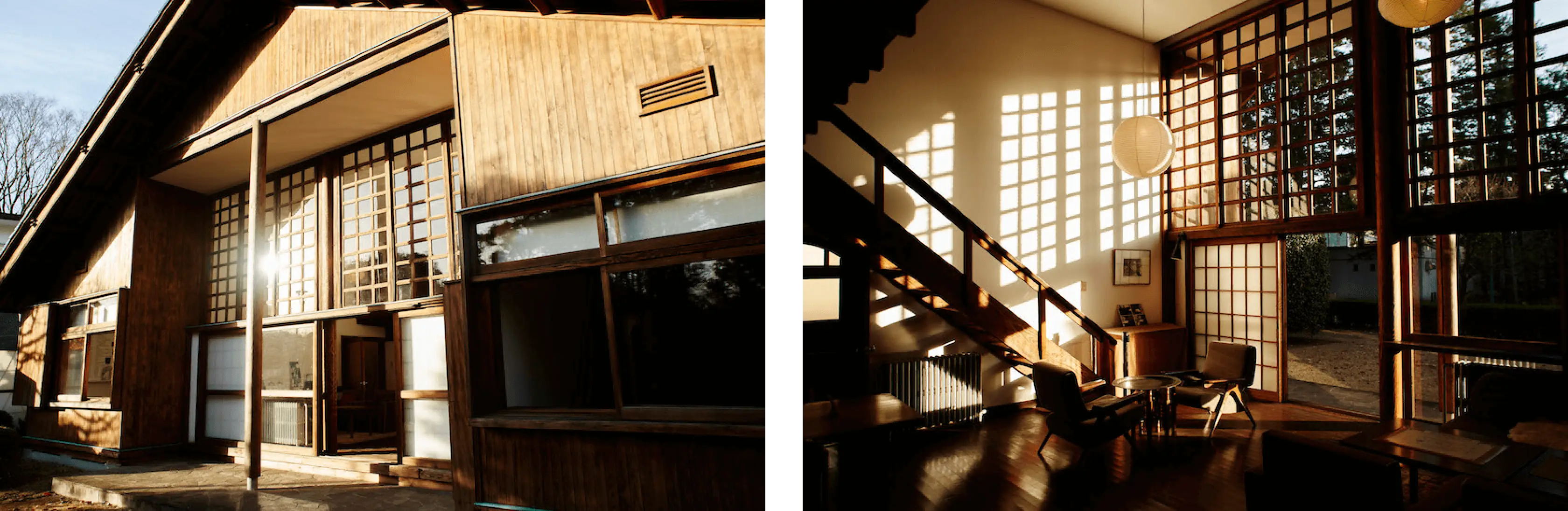 left:: Kunio Mayekawa’s residence still stand firmly today, representing traditional architecture of Tokyo, right:Rays of sunlight create beautiful shadows in the house